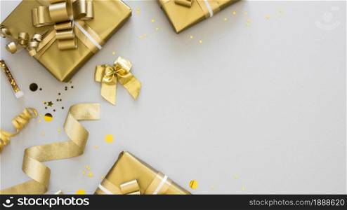 top view arrangement wrapped presents with copy space. Resolution and high quality beautiful photo. top view arrangement wrapped presents with copy space. High quality and resolution beautiful photo concept