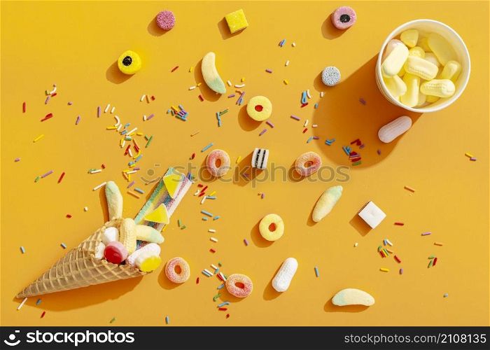 top view assortment colorful sweets