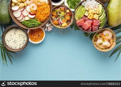 top view assortment delicious poke bowl. Resolution and high quality beautiful photo. top view assortment delicious poke bowl. High quality beautiful photo concept