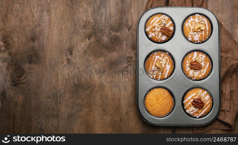 top view assortment muffins tray with copy space