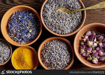 top view assortment spices with lavender turmeric