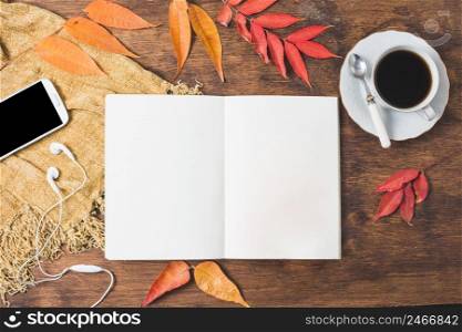 top view autumn composition with opened notebook