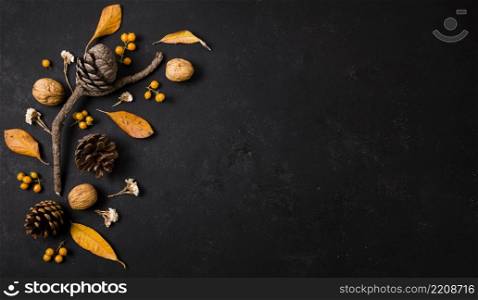 top view autumn elements with pine cones copy space