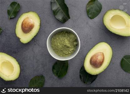 top view avocado with pit leaves