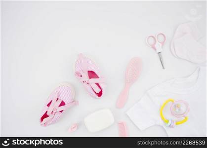 top view baby shoes with bath accessories
