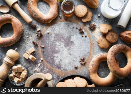 top view bakery products with brown sugar cubes