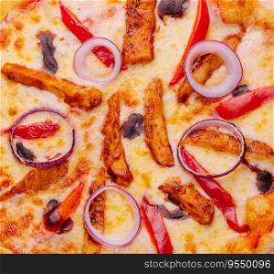 Top view barbecue chicken pizza with vegetables