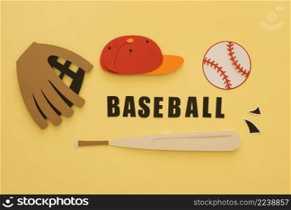 top view baseball with bat glove cap