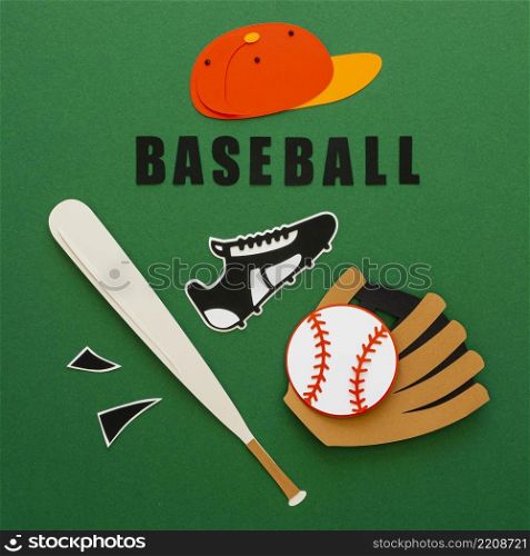 top view baseball with bat sneaker cap