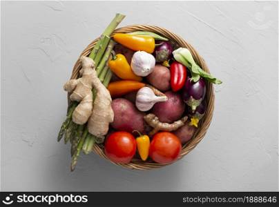 top view basket with assortment vegetables. Resolution and high quality beautiful photo. top view basket with assortment vegetables. High quality and resolution beautiful photo concept