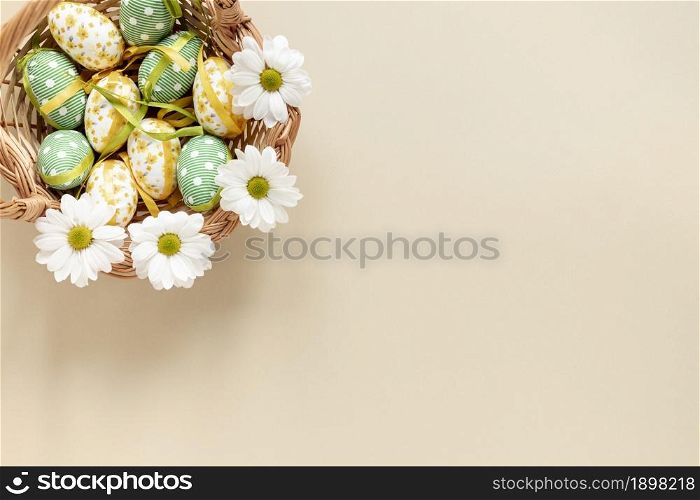 top view basket with easter eggs. Resolution and high quality beautiful photo. top view basket with easter eggs. High quality beautiful photo concept
