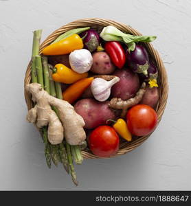 top view basket with vegetables mix. Resolution and high quality beautiful photo. top view basket with vegetables mix. High quality and resolution beautiful photo concept