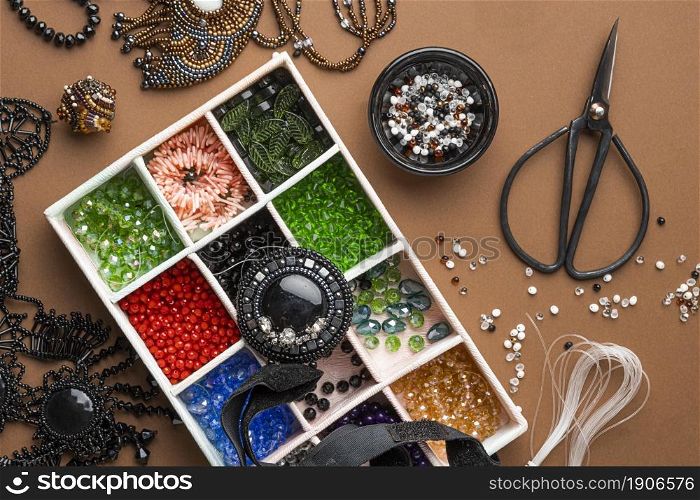 top view bead working essentials. High resolution photo. top view bead working essentials. High quality photo