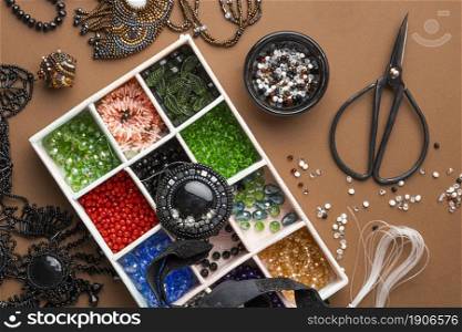 top view bead working essentials. High resolution photo. top view bead working essentials. High quality photo