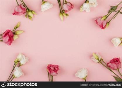 top view beautiful roses arrangement with copy space