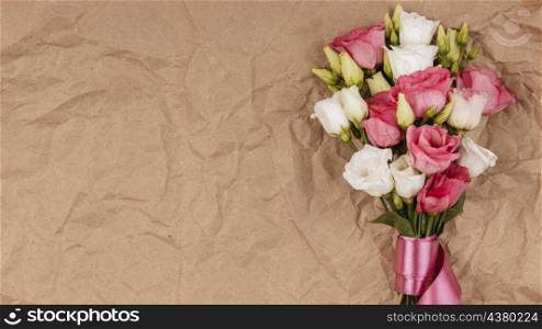 top view beautiful roses bouquet with copy space