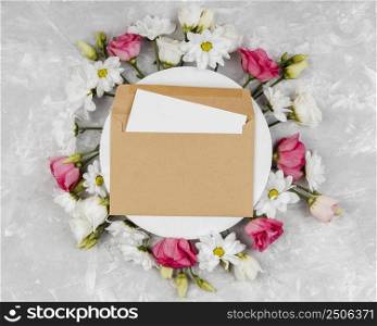 top view beautiful spring flowers composition with round card envelope