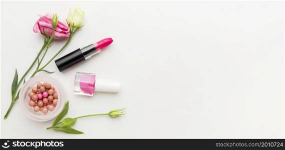top view beauty products with copy space