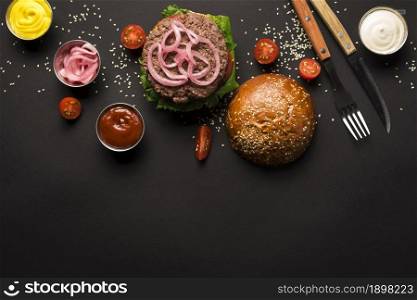 top view beef burger ready be served. Resolution and high quality beautiful photo. top view beef burger ready be served. High quality beautiful photo concept