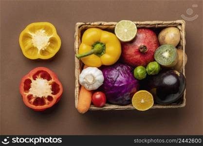 top view bell peppers with basket vegetables