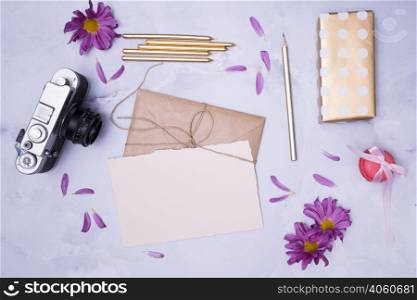 top view birthday gifts marble background