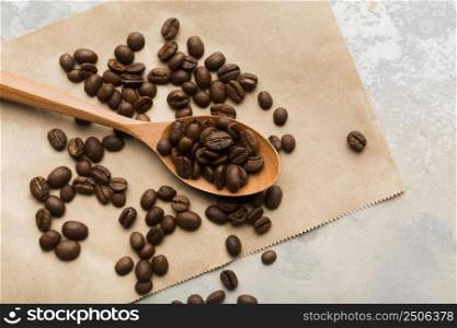 top view black coffee beans assortment light background