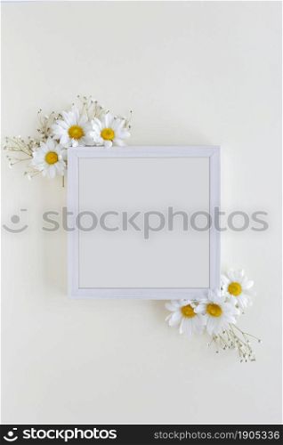 top view blank frame decorated with white daisy flowers white backdrop. Beautiful photo. top view blank frame decorated with white daisy flowers white backdrop