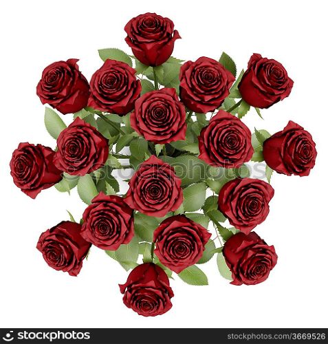 top view bouquet of red roses in vase isolated on white background