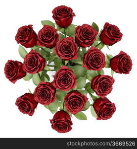 top view bouquet of red roses in vase isolated on white background