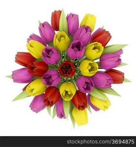top view bouquet of tulips in vase isolated on white background