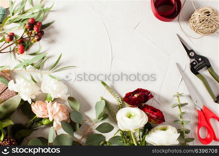 Top view bouquet preparation with copy space. Small business concept. Floral bouquet preparation