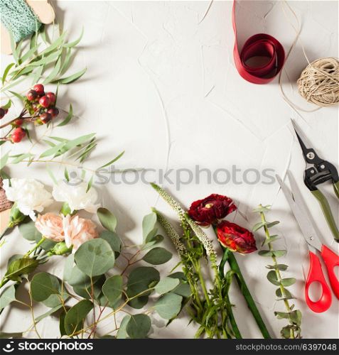 Top view bouquet preparation with copy space. Small business concept. Floral bouquet preparation