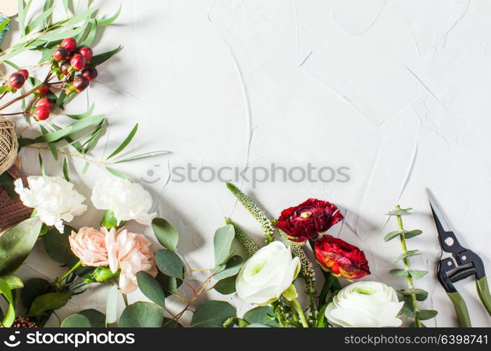 Top view bouquet preparation with copy space. Small business concept. Floral bouquet preparation