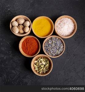 top view bowls with assortment spices salt