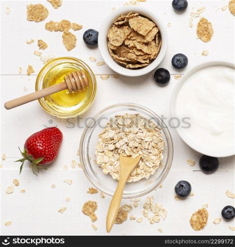 top view bowls with cereals honey