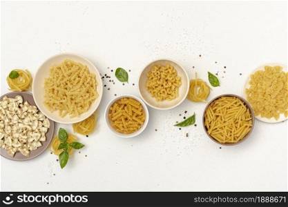 top view bowls with different types pasta. Resolution and high quality beautiful photo. top view bowls with different types pasta. High quality and resolution beautiful photo concept