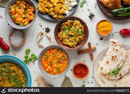 top view bowls with indian food. Resolution and high quality beautiful photo. top view bowls with indian food. High quality and resolution beautiful photo concept
