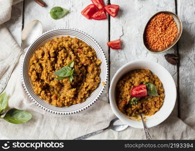 top view bowls with spicy indian food