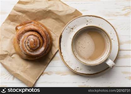 top view breakfast assortment with coffee pastry