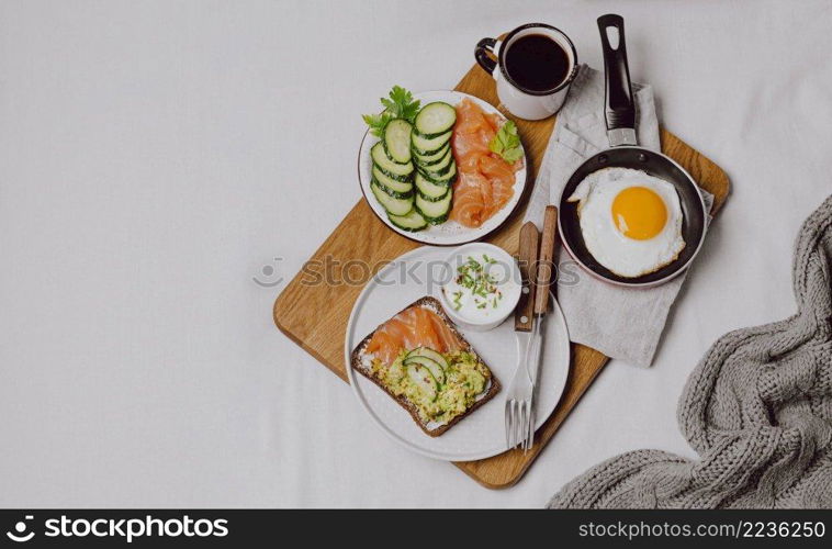 top view breakfast sandwiches bed with fried egg copy space