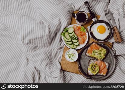 top view breakfast sandwiches bed with fried egg toast with copy space