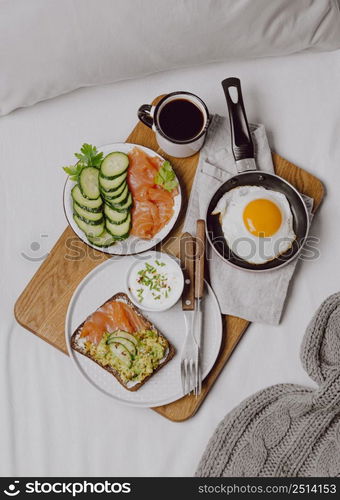 top view breakfast sandwiches bed with toast fried egg