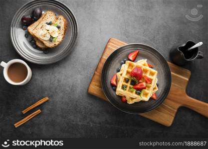 top view breakfast waffles. Resolution and high quality beautiful photo. top view breakfast waffles. High quality and resolution beautiful photo concept