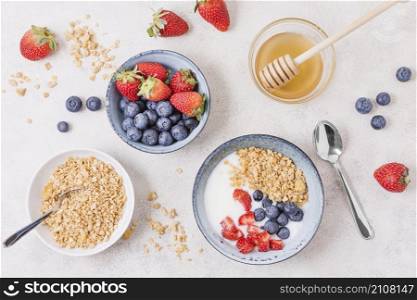 top view breakfast with cereals fruits