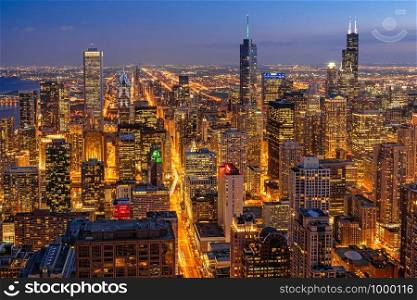 Top view building of Chicago cityscape at the night time, USA downtown skyline, Architecture and building with tourist concept