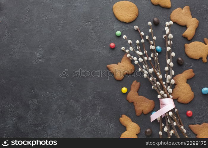 top view bunny shaped cookies easter with copy space candy