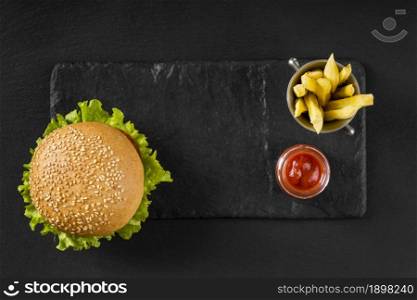 top view burger fries with ketchup. Resolution and high quality beautiful photo. top view burger fries with ketchup. High quality beautiful photo concept