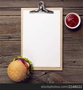 top view burger with mock up clipboard