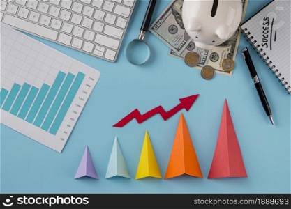 top view business items with growth chart colored cones. Resolution and high quality beautiful photo. top view business items with growth chart colored cones. High quality and resolution beautiful photo concept