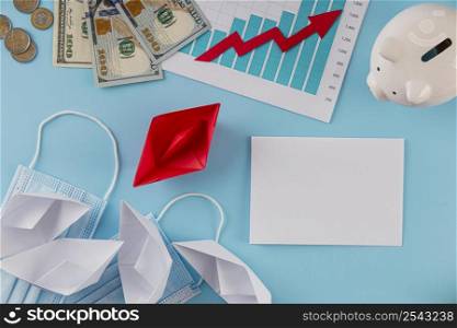 top view business items with growth chart piggy bank